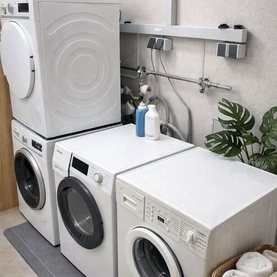 Anschluss von Waschmaschine und Trockner Waschmaschine, Trockner und weitere Elektrogeräte in einem Hauswirtschaftsraum.