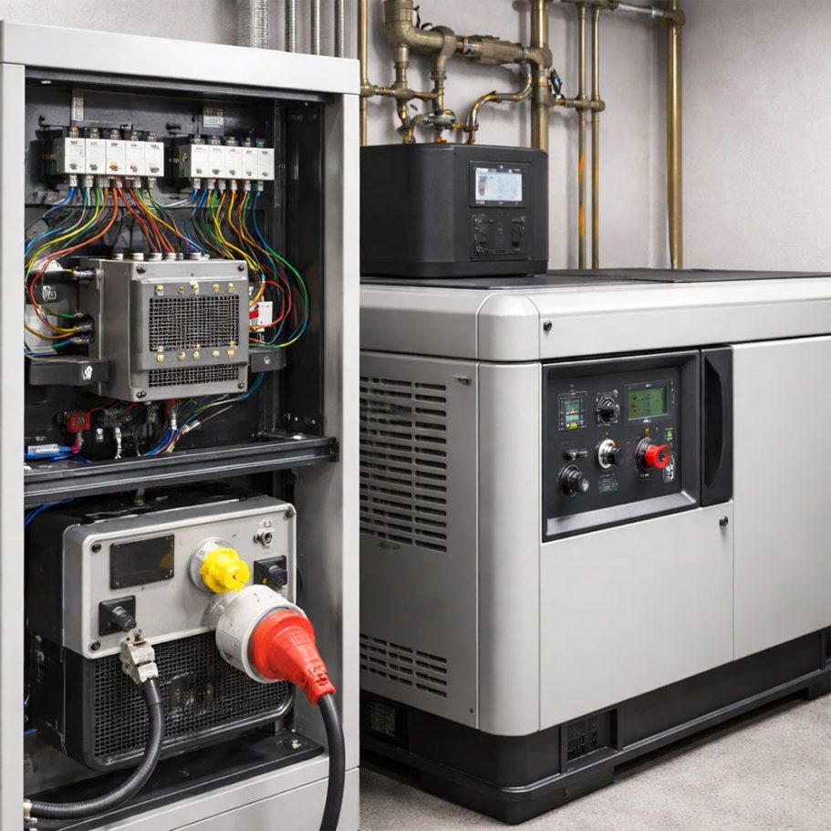 Moderne Ersatzstromanlage mit geöffneter Schalttechnik, Verkabelung und Notstromaggregat in einem Technikraum