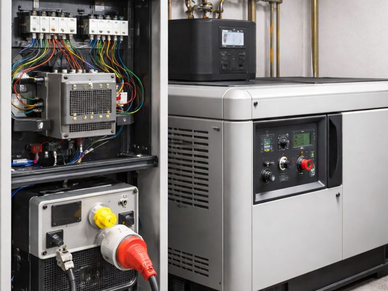 Moderne Ersatzstromanlage mit geöffneter Schalttechnik, Verkabelung und Notstromaggregat in einem Technikraum