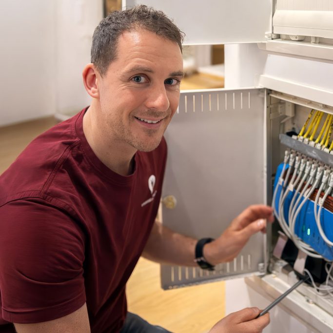 Denis Breyer bei der Elektroinstallation Denis Breyer von Elektro Breyer & Veron GmbH arbeitet an einer Elektroinstallation im Innenbereich.
