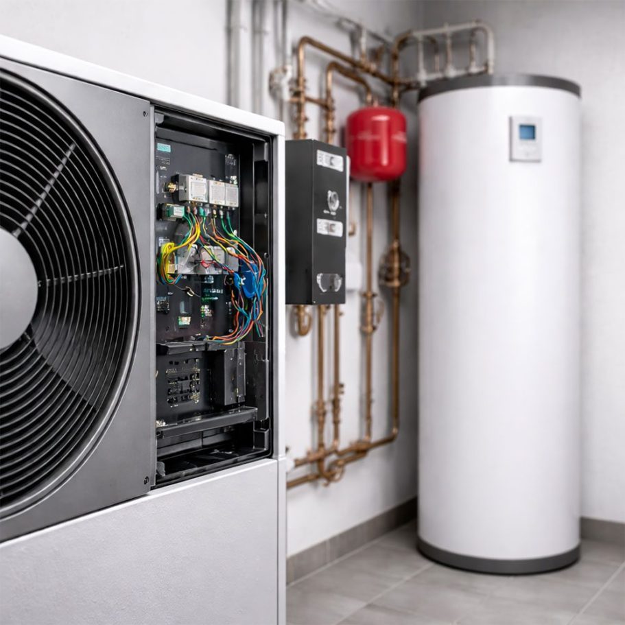 Elektrische Installation von Wärmepumpen und Heizungsanlagen Moderne Wärmepumpe mit elektrischer Installation und angeschlossener Heizungsanlage in einem Technikraum